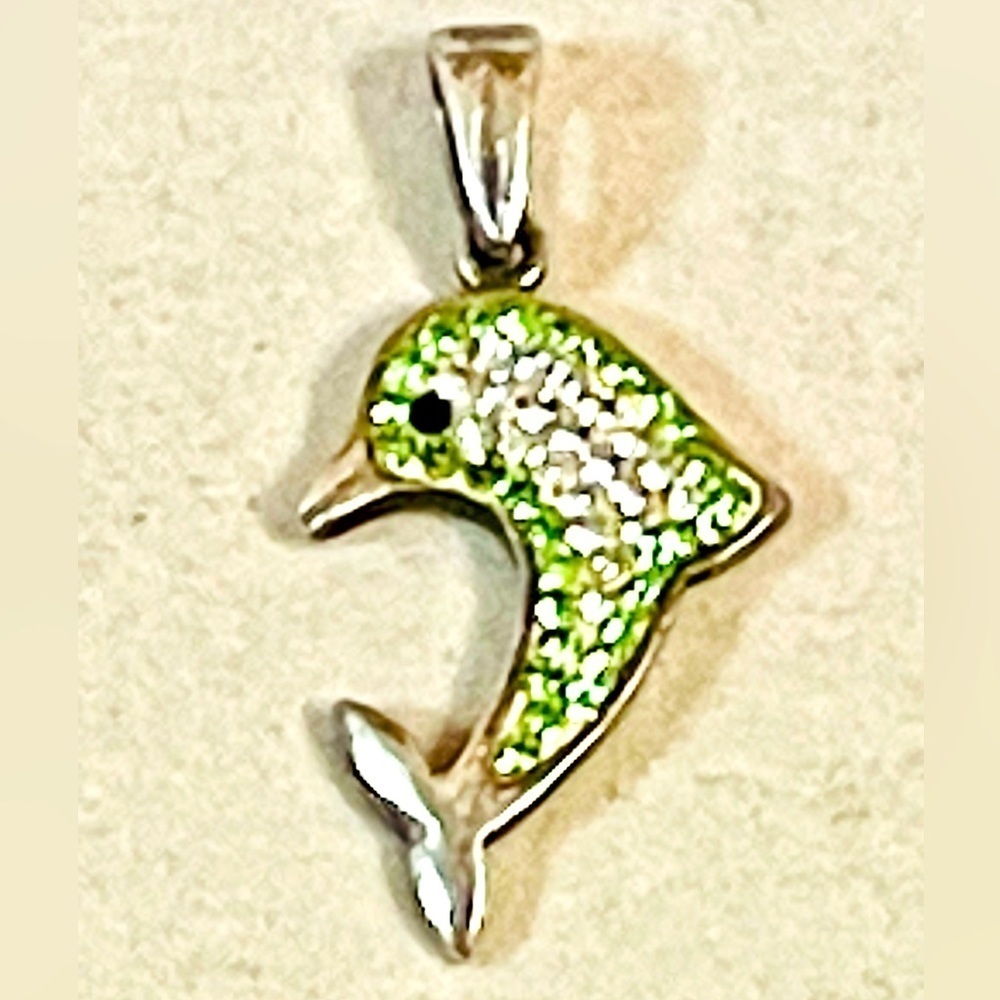 Southwest Sterling Silver Natural CZ & Peridot Gemstone  Dolphin Pendant